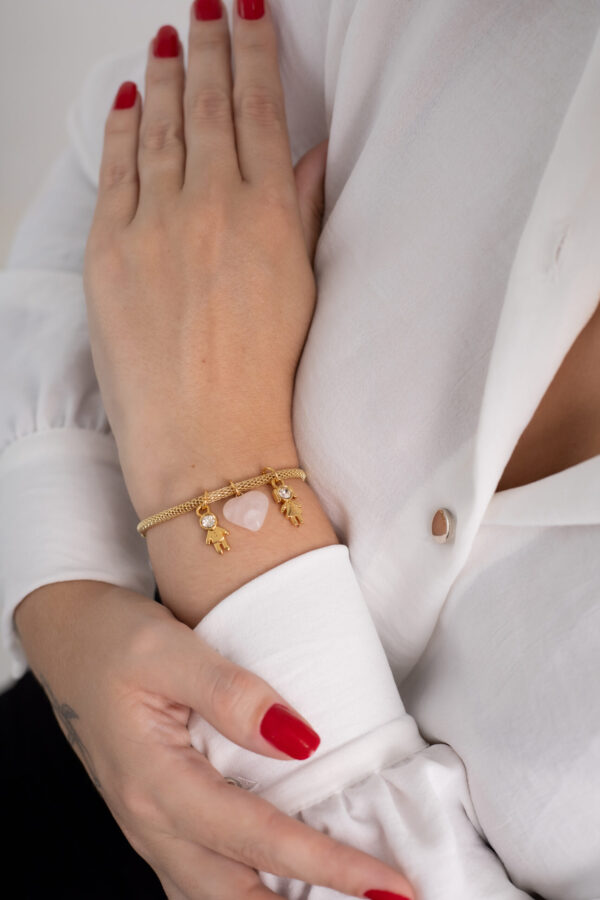 Pulseira Coleção Amor de Mãe Quartzo Rosa + Menina e Menino folheado em ouro 18k - Imagem 2
