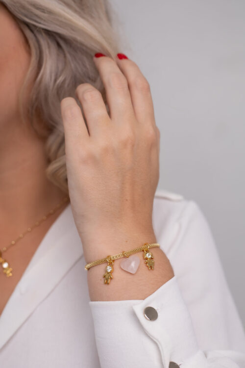 Pulseira Coleção Amor de Mãe Quartzo Rosa + Menina e Menino folheado em ouro 18k