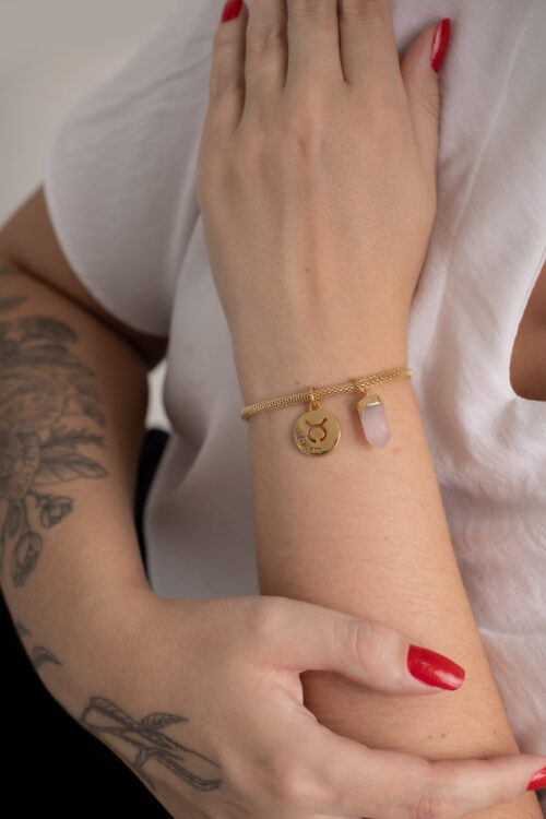 Pulseira folheada em ouro 18k Signo de Touro - Quartzo Rosa