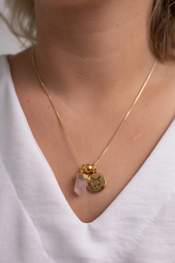 Colar folheado em ouro 18k Signo de Touro - Quartzo Rosa - Imagem 3