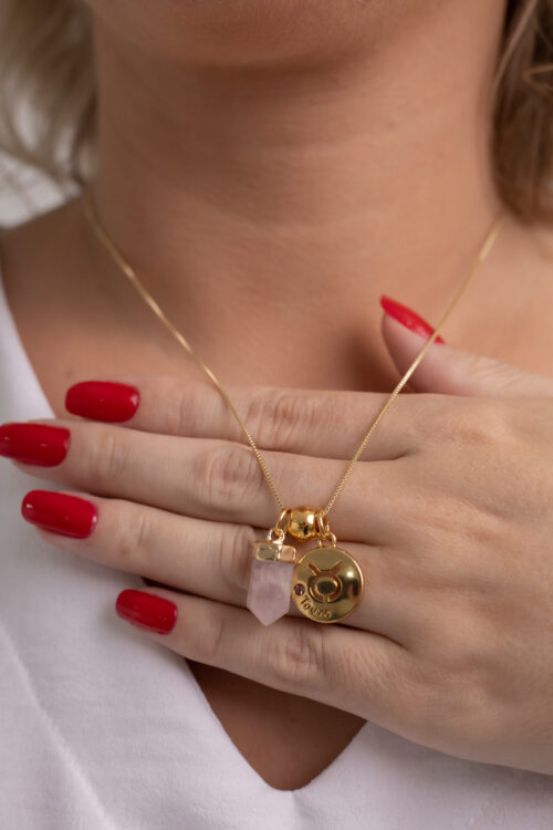 Colar folheado em ouro 18k Signo de Touro - Quartzo Rosa