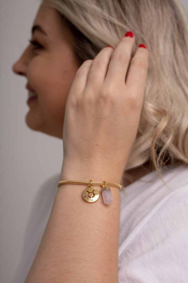 Pulseira folheada em ouro 18k Signo de Touro - Quartzo Rosa - Imagem 2
