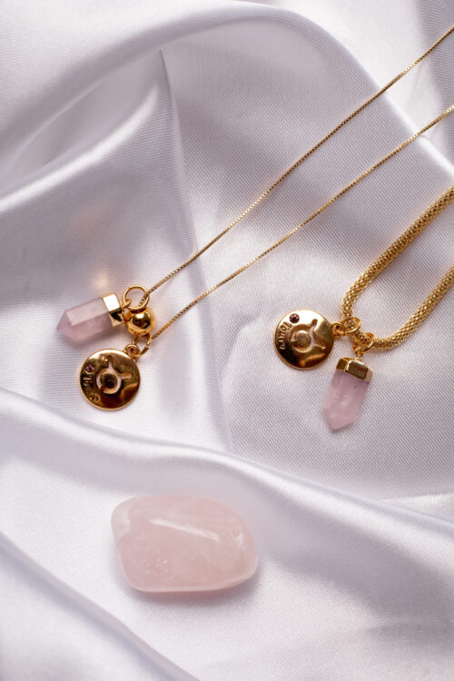 Kit 2 Peças Signo de Touro - Pulseira + Colar Quartzo Rosa folheado em ouro 18k