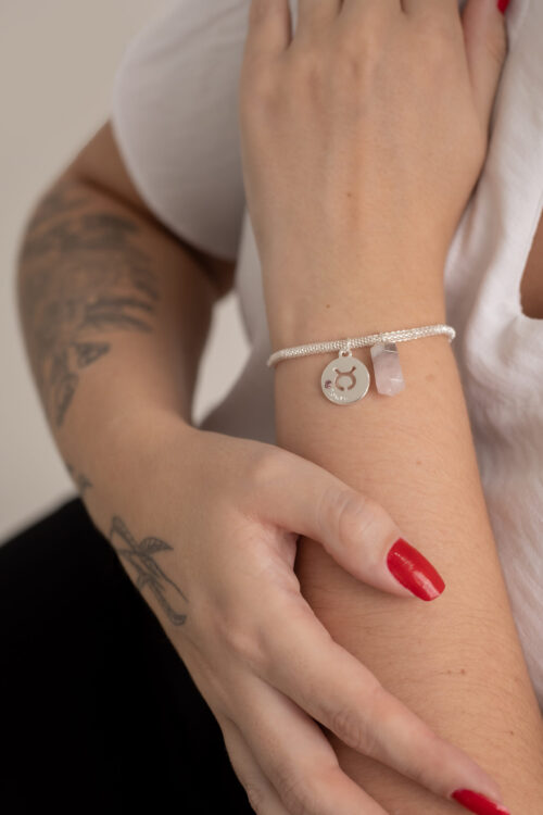 Pulseira folheada em prata Signo de Touro - Quartzo Rosa