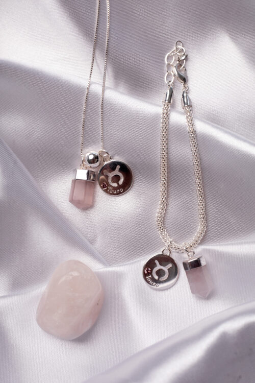 Kit 2 Peças Signo de Touro - Pulseira + Colar Quartzo Rosa folheado em prata