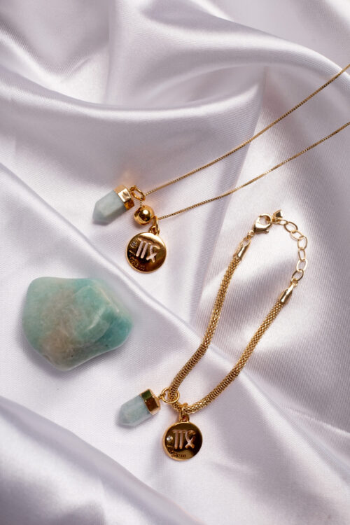 Kit 2 Peças Signo de Virgem - Pulseira + Colar Amazonita folheado em ouro 18k