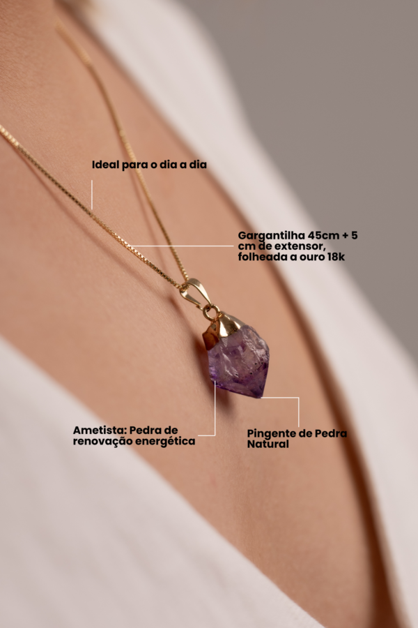 Colar Renovação de Energia com Ametista Bruta P folheado em ouro 18k - Imagem 2