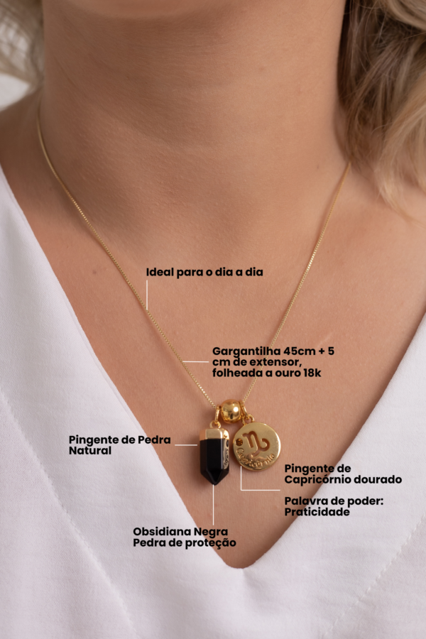 Colar folheado em ouro 18k Signo de Capricórnio - Obsidiana - Imagem 2