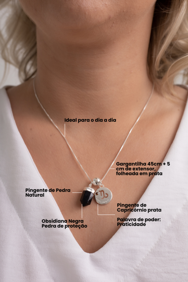 Colar folheado em prata Signo de Capricórnio - Obsidiana - Imagem 2