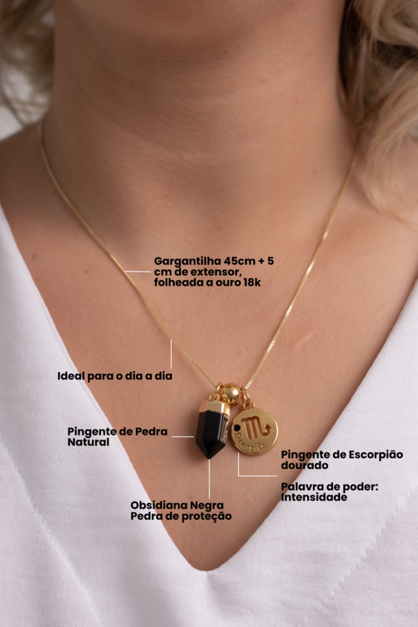 Colar folheado em ouro 18k Signo de Escorpião - Obsidiana - Imagem 2