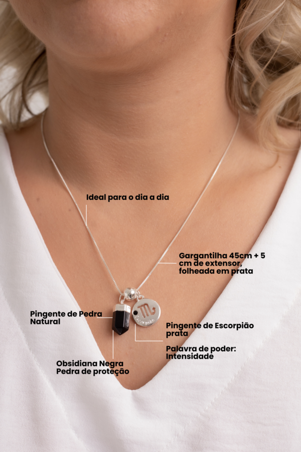Colar folheado em prata Signo de Escorpião - Obsidiana - Imagem 2