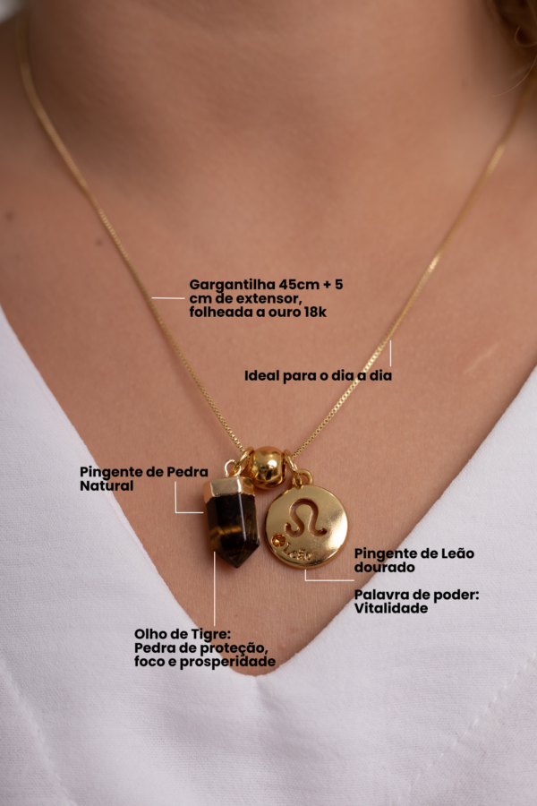 Colar folheado em ouro 18k Signo de Leão - Olho de Tigre - Imagem 2