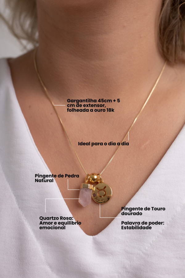 Colar folheado em ouro 18k Signo de Touro - Quartzo Rosa - Imagem 2