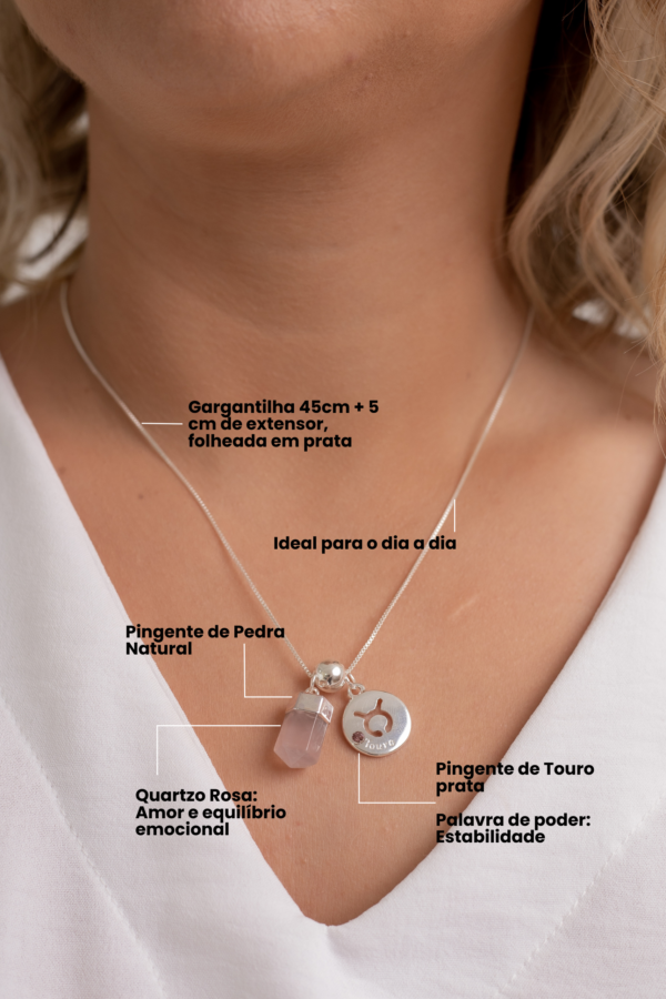 Colar folheado em prata Signo de Touro - Quartzo Rosa - Imagem 2