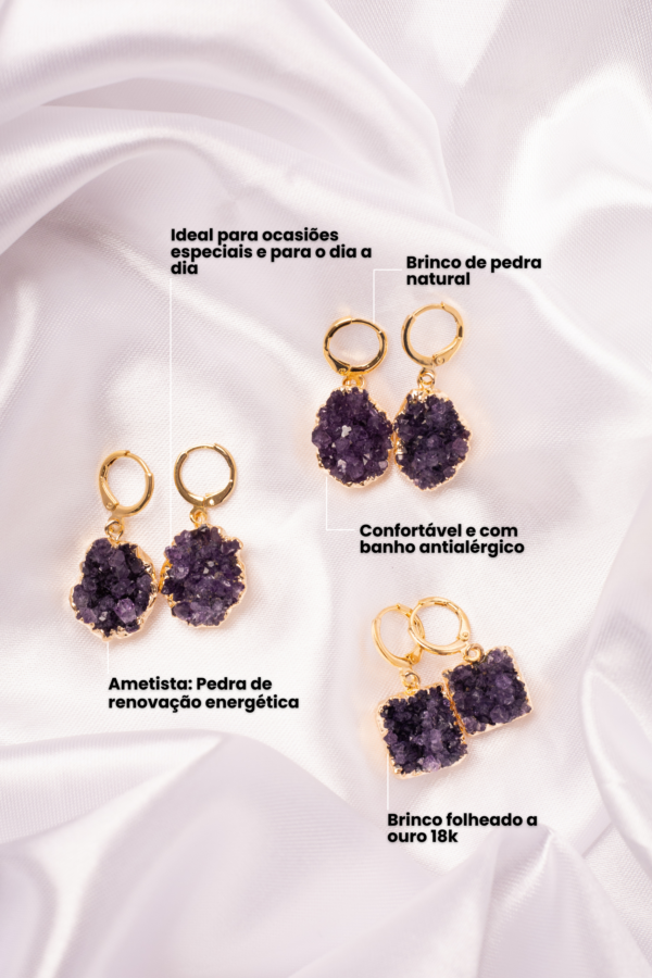 Brinco Click Drusa de Ametista folheado em ouro 18k - Imagem 2