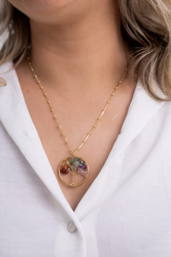 Colar bolinha 7 Chakras Árvore da Vida folheado em ouro 18k - Imagem 2