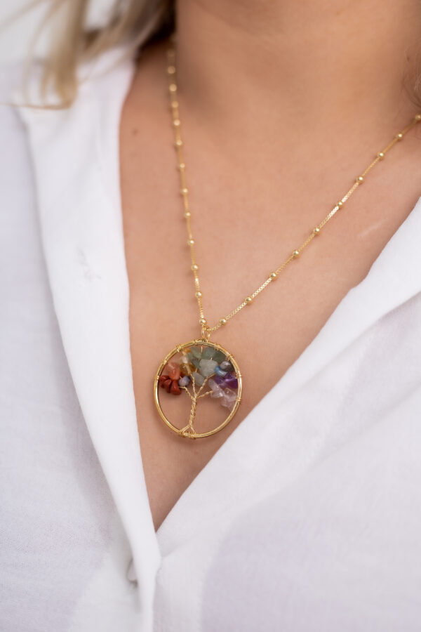 Colar bolinha 7 Chakras Árvore da Vida folheado em ouro 18k - Imagem 4