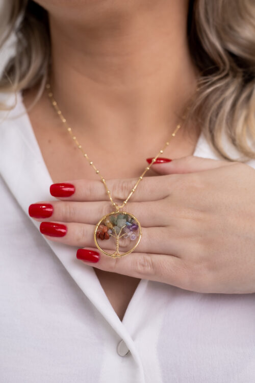Colar bolinha 7 Chakras Árvore da Vida folheado em ouro 18k